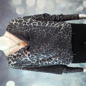 INC International Concepts sz L Shimmering Leopard Print Cowlneck Top
